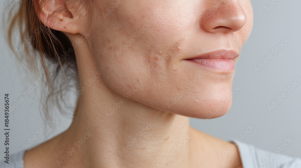 Obraz premium Close up of woman lower face with natural skin texture, visible acne scars, and soft daylight studio lighting, showing calm and confident expression