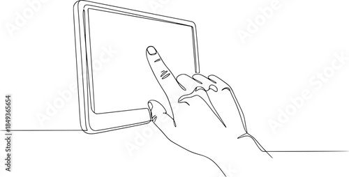 Drawing of a hand with the index finger touching a screen, in one line art style. Gesture illustration with editable stroke. Vector illustration.
