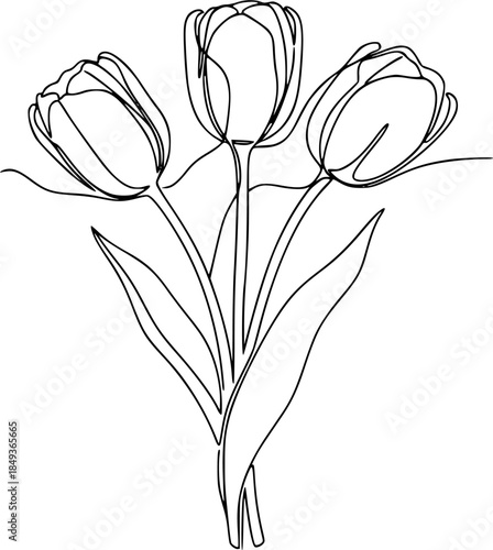 Three tulips on stems in continuous one line art style. Flower bouquet sketch with editable black stroke on white background. Vector illustration.
