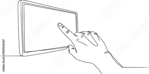 Drawing of a hand with the index finger touching a screen, in one line art style. Gesture illustration with editable stroke. Vector illustration.
