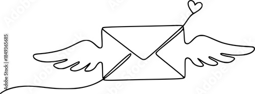Envelope with wings and a small heart. One line drawing for love letters, romantic messages, and fast delivery. Vector illustration on white.
