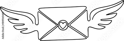 Envelope with wings and a small heart. One line drawing for love letters, romantic messages, and fast delivery. Vector illustration on white.
