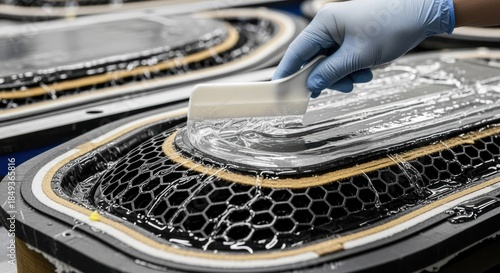 Closeup on epoxy resin being carefully spread across complex composite layup molds used in satellitelaunch fairing construction.