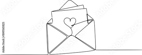 Continuous one line drawing of an open envelope with a card and heart. Editable black stroke on a white background. Vector illustration.

