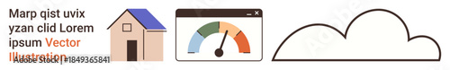 Real estate, energy efficiency, cloud storage, data monitoring, technology, environment. A house, a speedometer and a cloud with placeholder text. Real estate and energy efficiency concepts