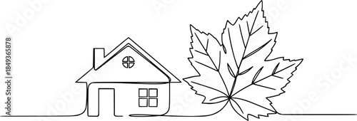 Silhouette of a house and a large leaf connected by one continuous line. Vector illustration.
