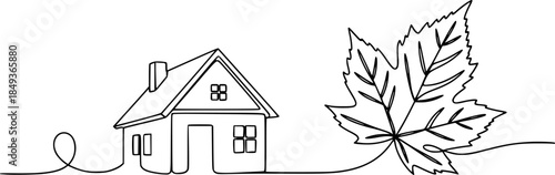 Silhouette of a house and a large leaf connected by one continuous line. Vector illustration.
