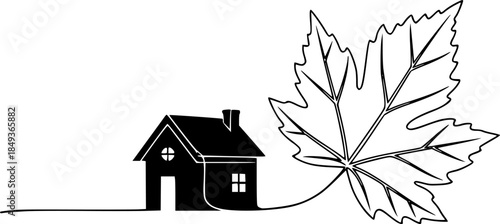 Silhouette of a house and a large leaf connected by one continuous line. Vector illustration.
