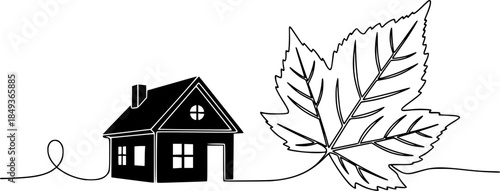 Silhouette of a house and a large leaf connected by one continuous line. Vector illustration.
