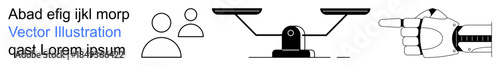 Decision making, justice systems, teamwork, human interaction, balance, equality. Minimalist icons showing people, a scale and a pointing hand. Justice systems and decision making concept