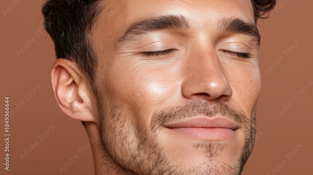 Obraz premium Man with eyes closed subtle glow on face smooth skin warm spa tones relaxed expression closeup portrait healthy complexion natural light serene mood youthful male