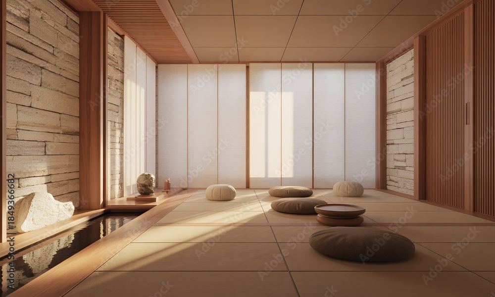 Fototapeta premium Minimalist Japanese-inspired meditation room with natural light, shoji screens, and tranquil water feature
