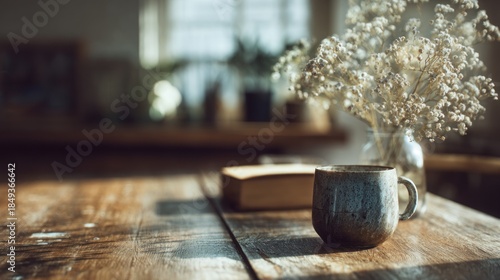 Serene morning light illuminating a rustic tabletop still life scene