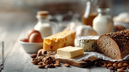 Artisanal dairy products and homemade bread selection on rustic background
