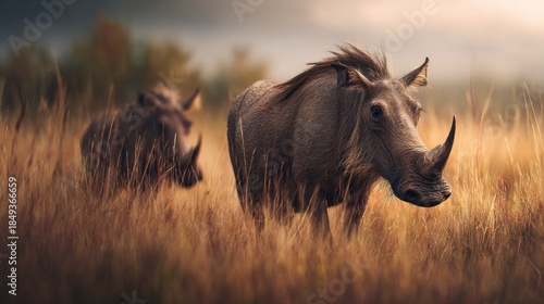 Magnificent Warthogs Roaming Freely in the Golden African Savannah