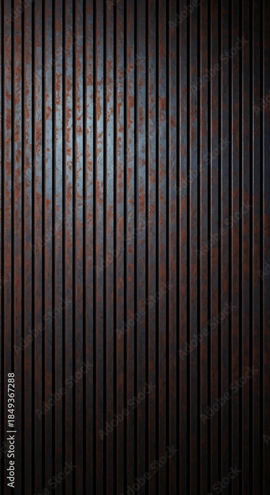Obraz premium Weathered rusty vertical metal panels forming a textured wall or surface with a dark gradient