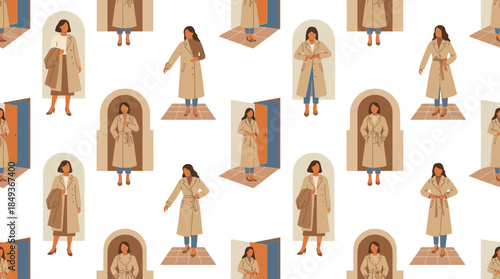 Collection of stylish women in trench coats standing inside and outside doorways with a seamless repeating pattern on a black background exhibiting