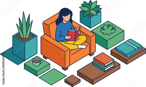 Cozy indoor reading session with potted plants and modern furniture in a vibrant home environment designed for relaxation and mental well-being