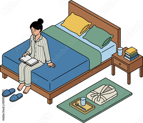 Cozy bedroom scene featuring a woman relaxing on a bed with books and a takeaway meal in a minimalistic setting with modern decor and inviting