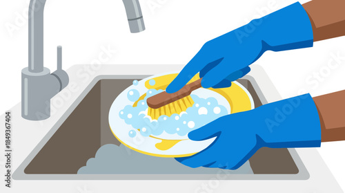 Digital Illustration of a Person Washing a Dish with a Scrubbing Brush and Gloves Under a Faucet in a Sink with a Transparent Background