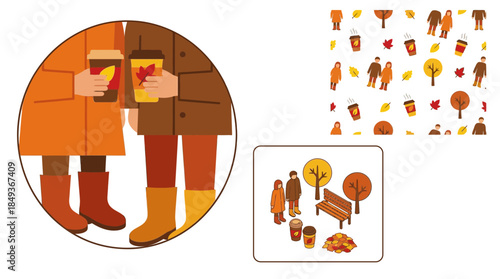 Cozy autumn outdoor gathering with friends enjoying warm beverages and seasonal decor on a fall day