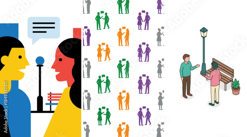 Digital Illustration of Social Interaction with Communicating People and City Elements with Transparent Background Emphasizing Diverse Social Dynamics