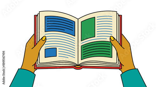 Digital Illustration of Hands Holding an Open Book with Colorful Pages Flat Design on Black Background Engage in Reading and Learning