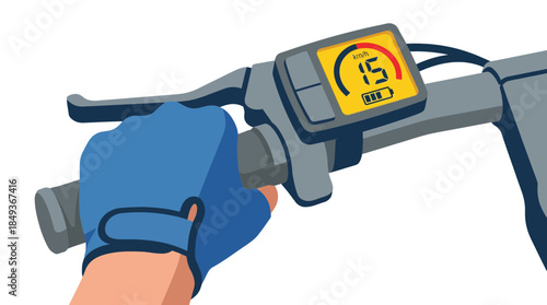 Digital Speed Measurement of Bicycle with Rider Wearing Gloves on Modern Handlebar Display with Urban Background