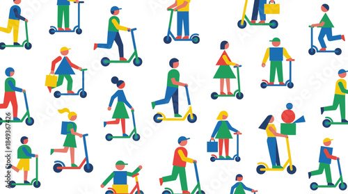 Diverse group of people riding scooters and skateboards on a black background illustrating urban mobility and recreation with vibrant minimalistic
