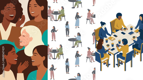 Diverse Group of Women and Business Meeting Scene with Digital Devices and Social Interactions with Transparent Background