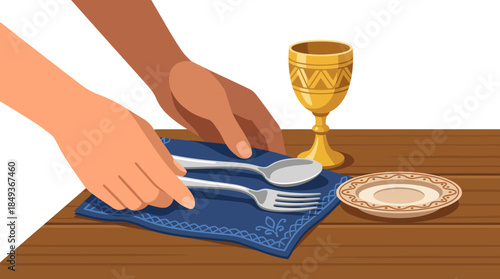 Elegant table setting featuring hands preparing cutlery and ornate goblet on a wooden surface with a decorative plate and black background