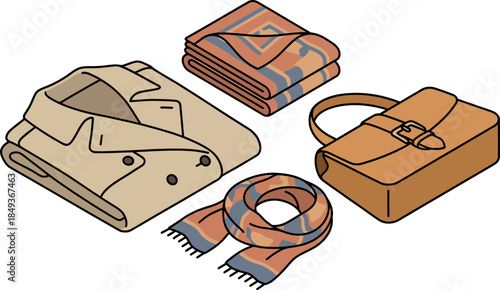 Fashion accessories and stylish outfits including a trench coat scarf bag and sweater with a sleek design on a dark background