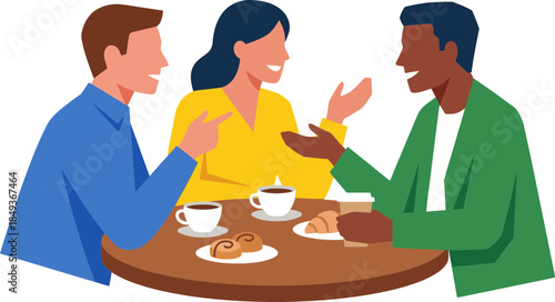 friendly group of diverse people enjoying coffee and conversation at a cozy cafe setting with minimalistic background and cheerful atmosphere