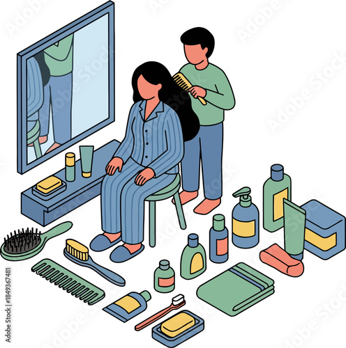 Hair Styling Session with Manicurist and Beauty Products on a Modern Mirror Table in a Minimalist Salon Setup