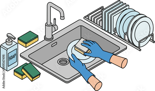 illustration of hands wearing blue gloves handwashing dishes in a modern kitchen setting minimum 50 characters transparent background clean