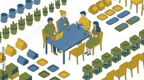 modern team meeting workspace with collaborative discussion and digital devices on a sleek table with surrounding plants and storage units