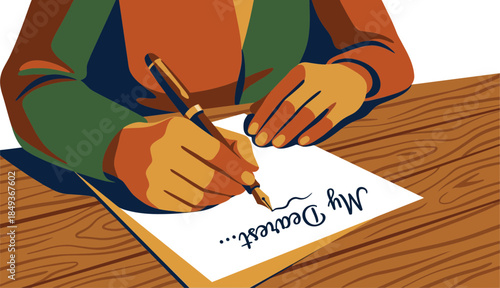 Person Writing a Handwritten Message on Paper with a Pen on a Wooden Desk with a Transparent Background