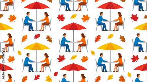 Seamless Pattern of People Engaging in Conversations at Outdoor Cafes with Autumn Leaves and Umbrellas on a Dark Background