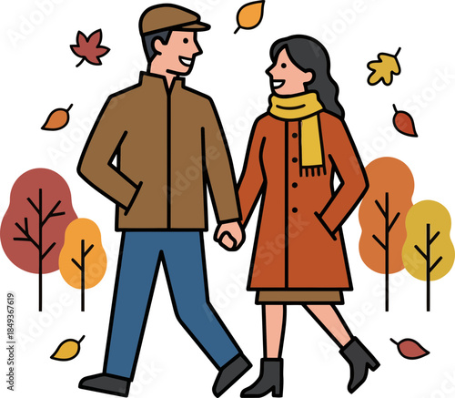 romantic autumn walk illustration capturing love and cozy seasonal atmosphere with falling leaves backlit scene minimal 50 characters