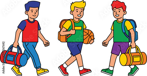 Three cheerful boys walking confidently with sports gear against a black background emphasizing active childhood and teamwork with colorful attire