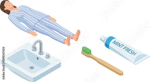 Toothbrush and toothpaste beside person in pajamas ready for bedtime oral hygiene routine with sink in minimal style