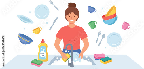 Woman Washing Dishes in a Modern Kitchen with Dishware and Cleaning Supplies on a Minimalist Countertop