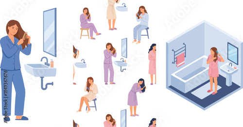 Women Engaging in Personal Hygiene and Grooming Activities in a Modern Bathroom with Multiple Reflections and Perspectives on a Black Background