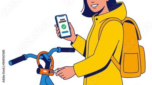 Young woman in yellow jacket holding a smartphone with rental confirmation display interacting with bicycle on a city streetbackdrop
