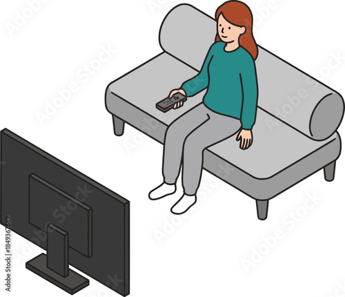 Young woman relaxing on a modern sofa watching television with remote control in hand minimal scene with cozy living room setup and digital
