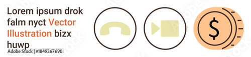 Communication tools, financial transactions, online services, remote work, digital commerce, customer support. Circular icons displaying phone, video and currency symbols. Communication tools