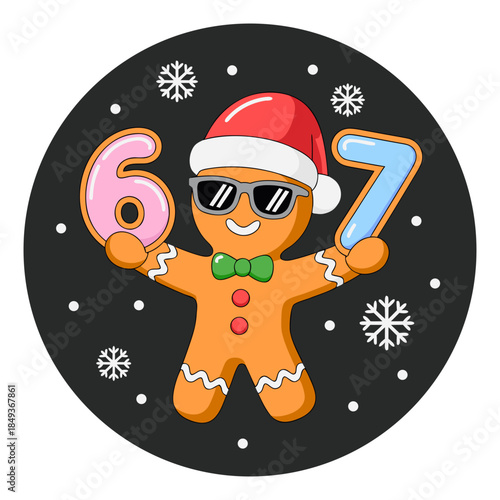 Cool Gingerbread Man Wearing Santa Hat and Sunglasses Holding Numbers 6 and 7 on Snowy Background