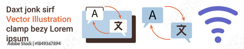 Language translation, global communication, technology, multilingual interaction, online connectivity, education. Speech bubbles with translation text and arrows, wireless symbol. Language