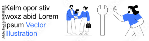 Business teamwork, technical services, problem-solving, collaboration, trade, action. Two professionals shaking hands, wrench woman in motion. Business teamwork and technical services concept