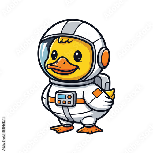 Cute Yellow Cartoon Duckling in a White Astronaut Spacesuit.